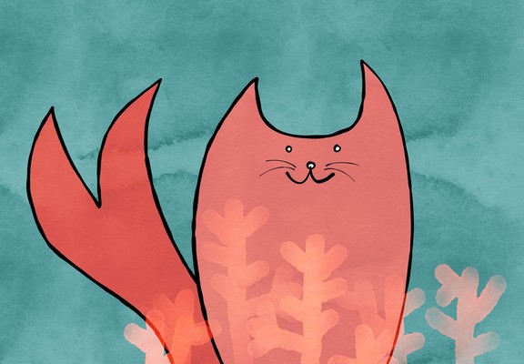 Schnelle digitale Zeichnung: Katze mit Fischschwanz, im Vordergrund durchscheinende Korallen.