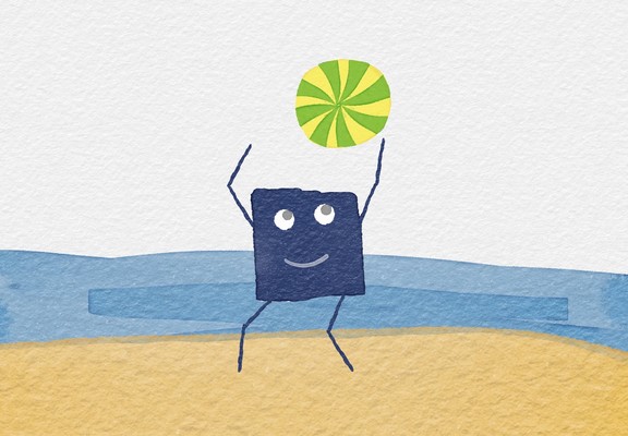 Die kleine Comicfigur Kvadraat ist am Strand und spielt mit einem Wasserball,