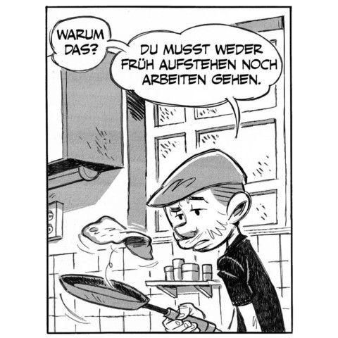 Marc-Uwe wendet den Eierkuchen mit einem lässigen Pfannenschwung. Er fragt irritiert: 